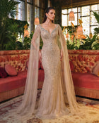 Luxury Champagne V Neck Rhinestone Beaded Evening Dress
