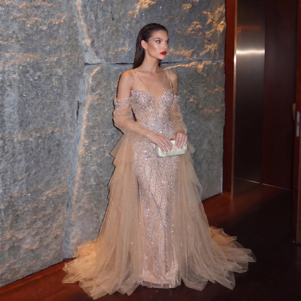 Romantic Teal Tiered Beaded Detachable Sleeves Evening Dress with Overskirt SS123