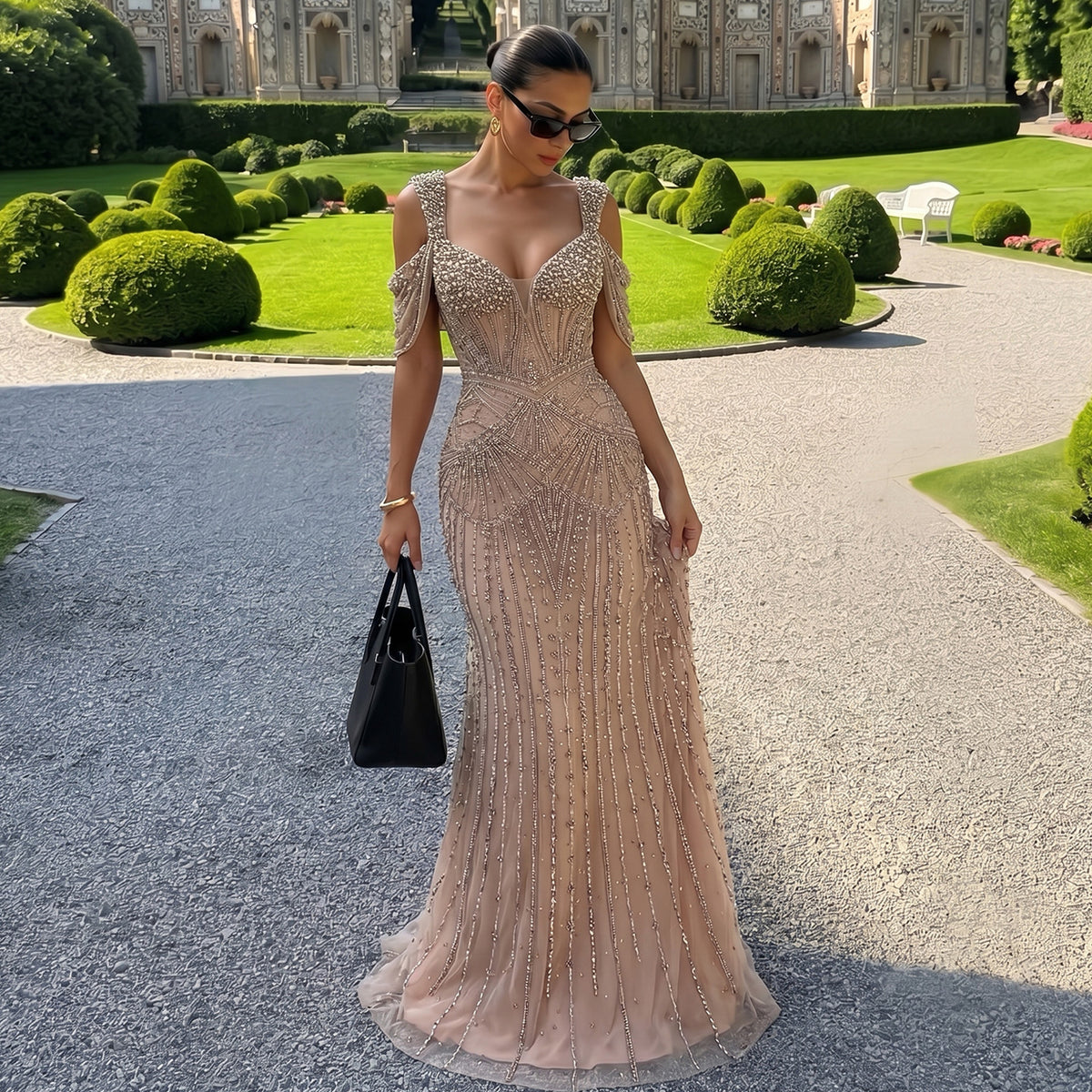 Luxury Champagne Mermaid Spaghetti Strap Full Beaded Evening Dress SS193