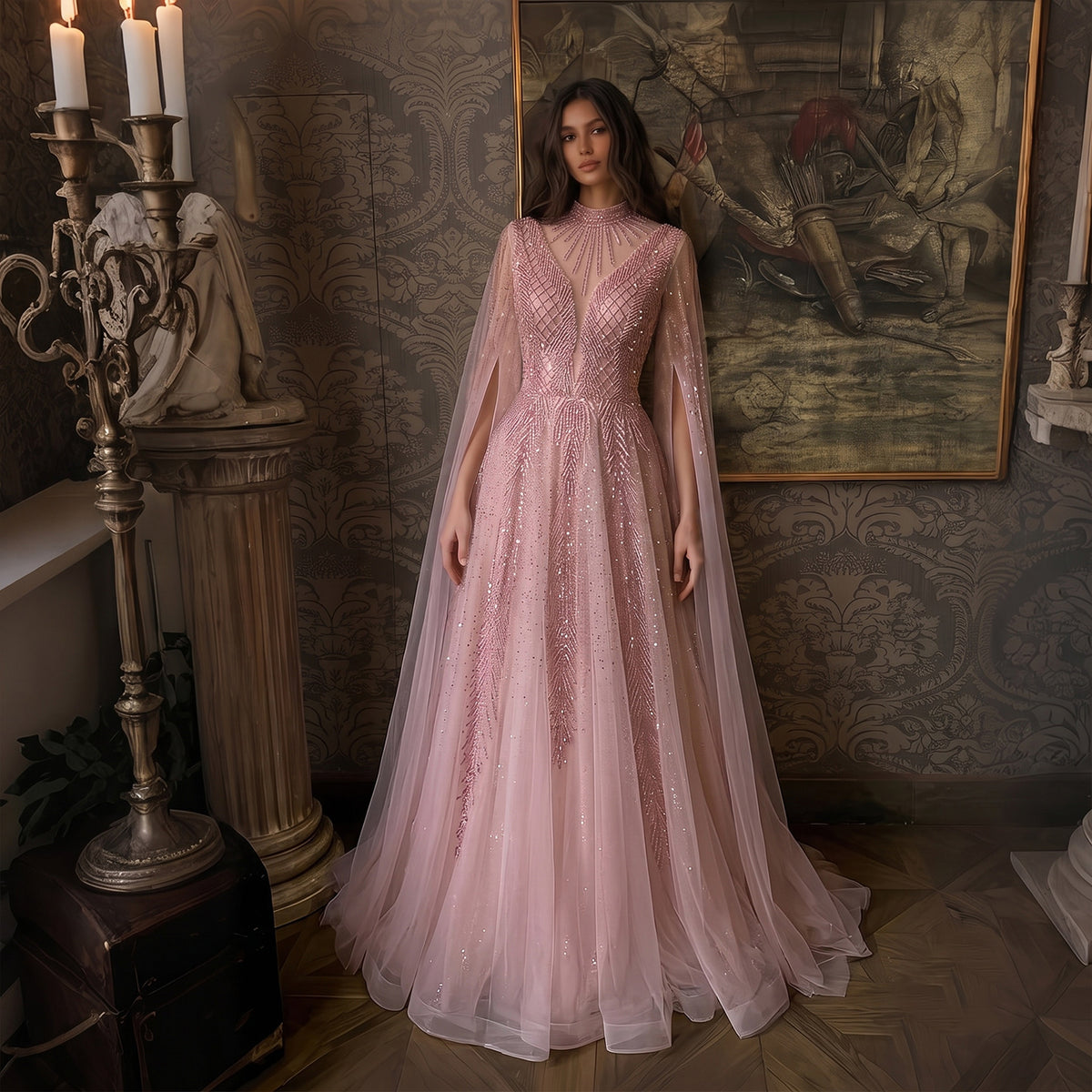 Luxury Pink High Neck Beaded Sequined Tulle Evening Dress with Cape Sleeves SS060