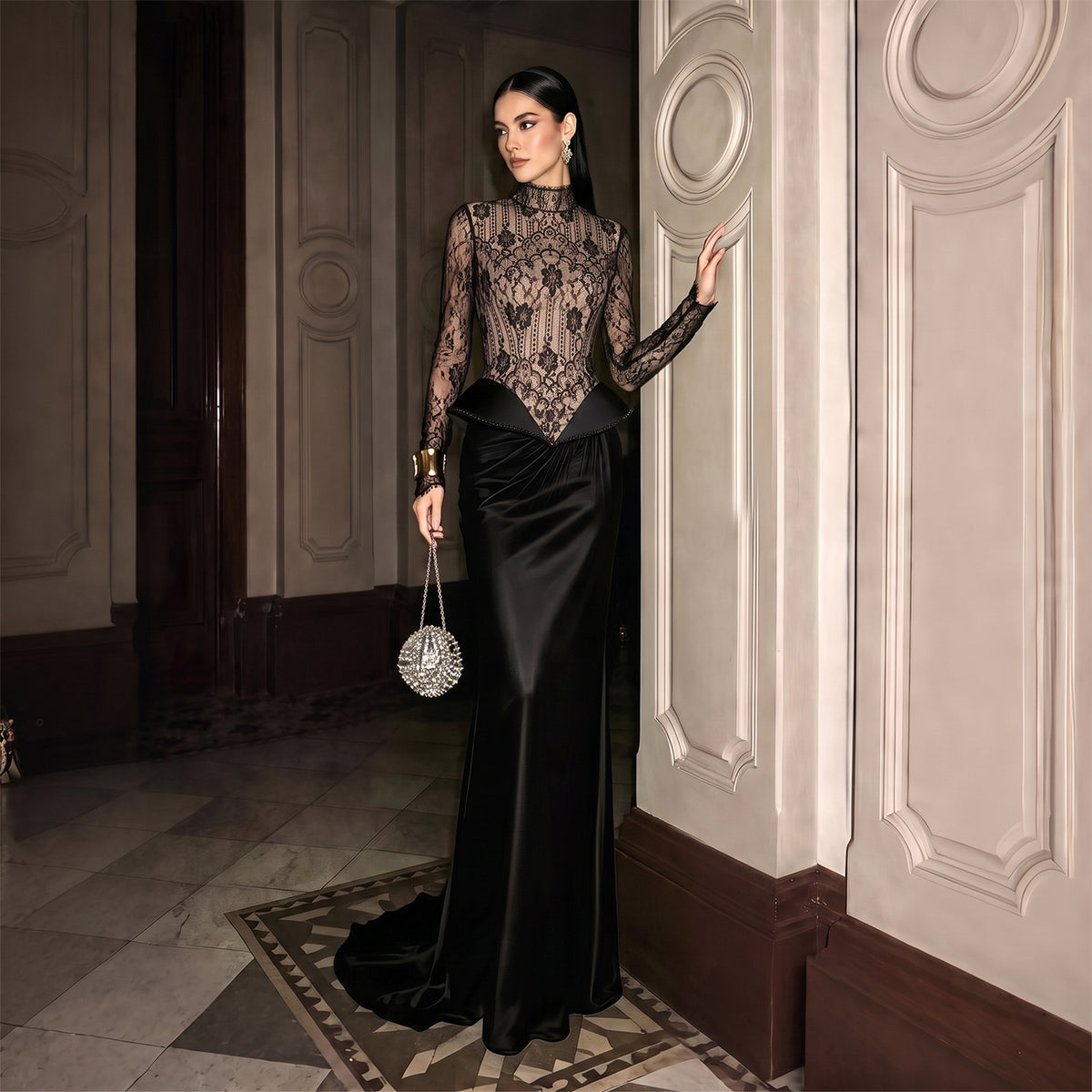 Luxury Black High Neck Lace Satin Mermaid Evening Dress with Sheer Floral SF072
