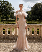 Luxury Champagne Halter Feather Mermaid Evening Dress