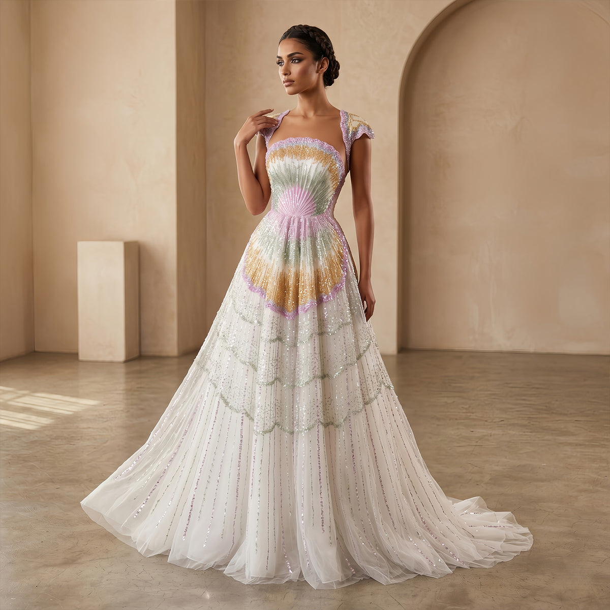 Elegant Ombre Beaded Shell Ball Gown Evening Dress with Cap SS296