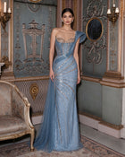 Luxury Blue One Shoulder Beaded Sheath Evening Dress