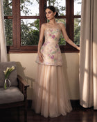 Luxury Champagne Strapless Floral Sequin Evening Dress