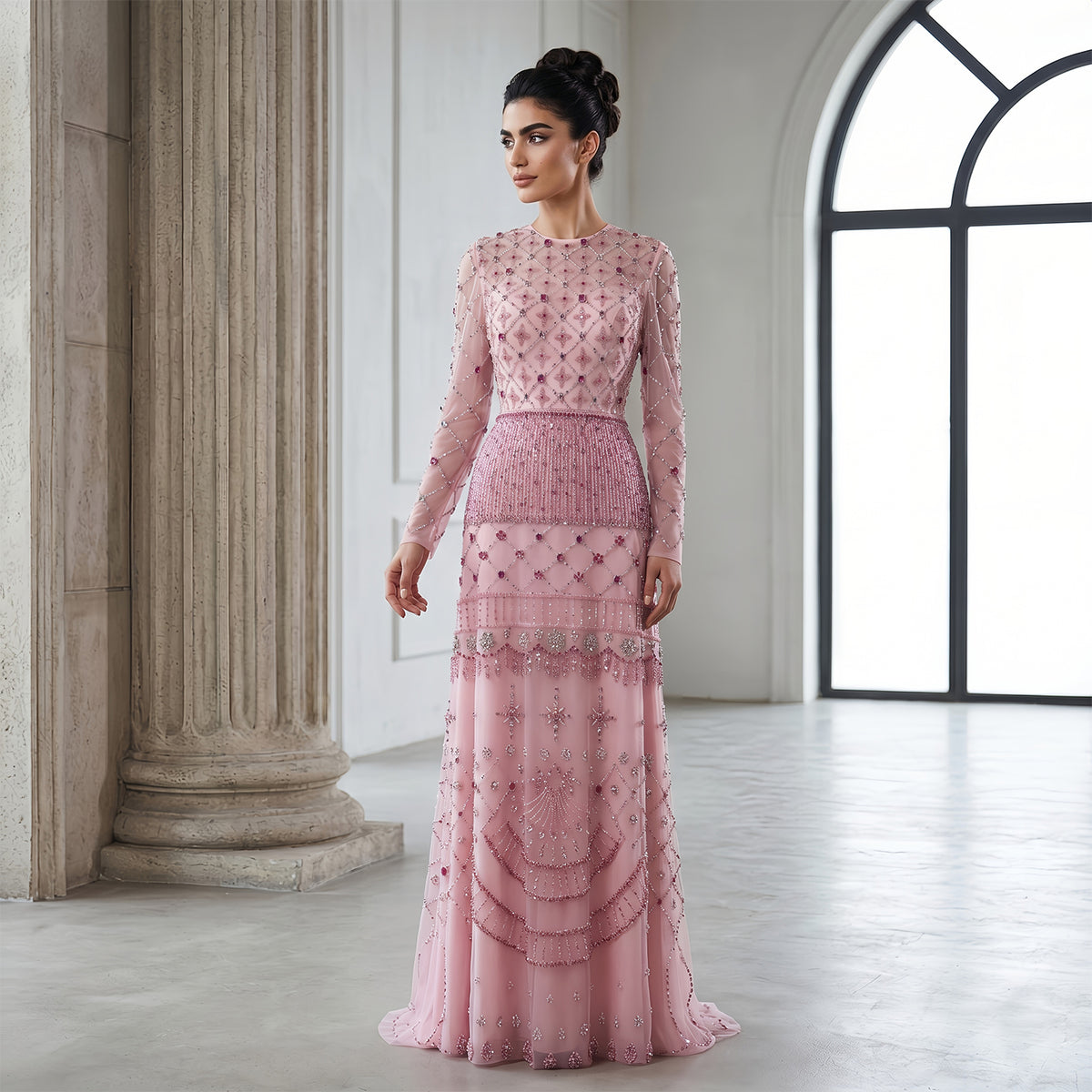 Elegant Pink Crystal Beaded Long Sleeve Embroidered Evening Dress SS220