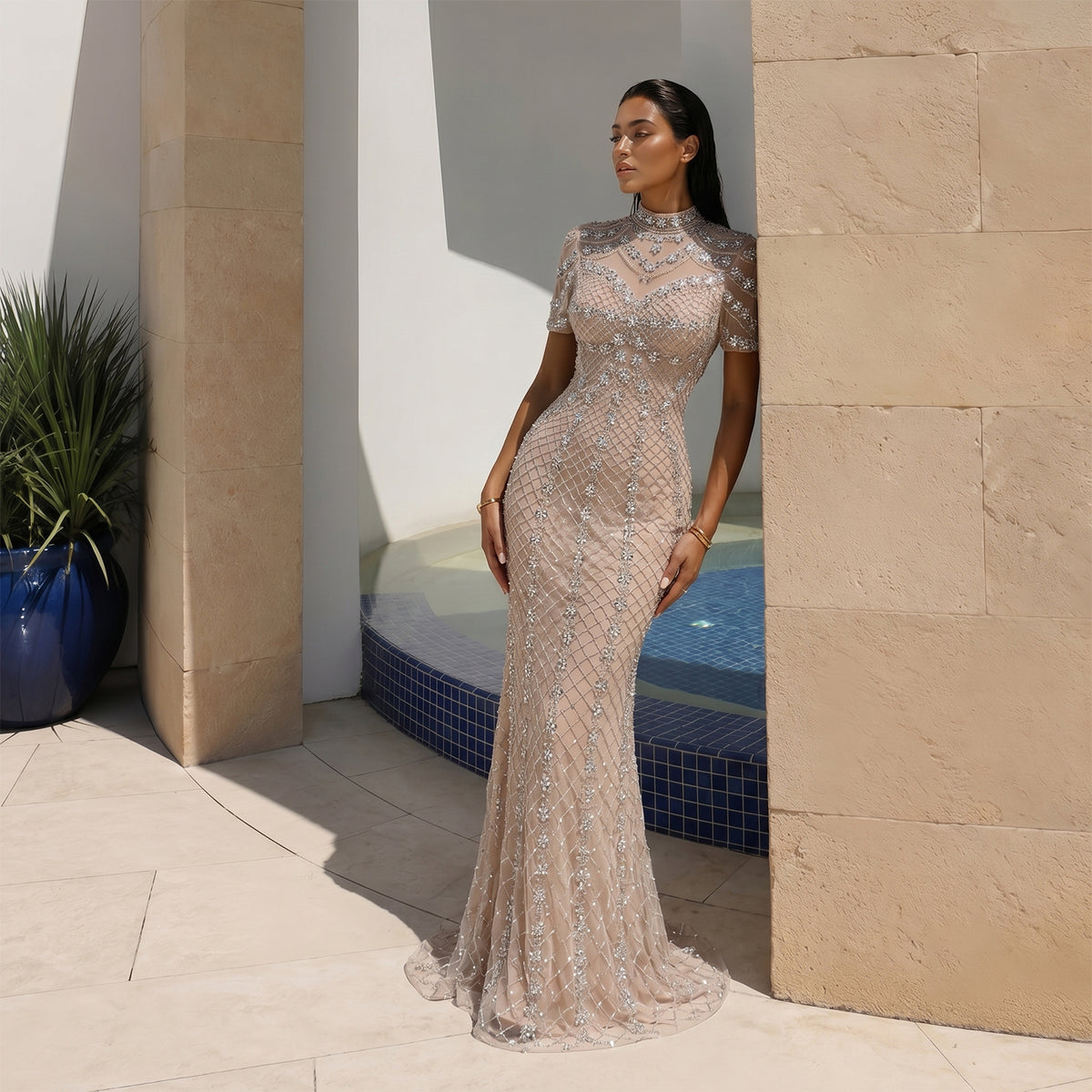 Elegant Pink Short Sleeve Grid Rhinestone Mermaid Evening Dress SS185