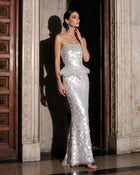 Luxury Shell White Strapless Peplum Sequin Evening Dress