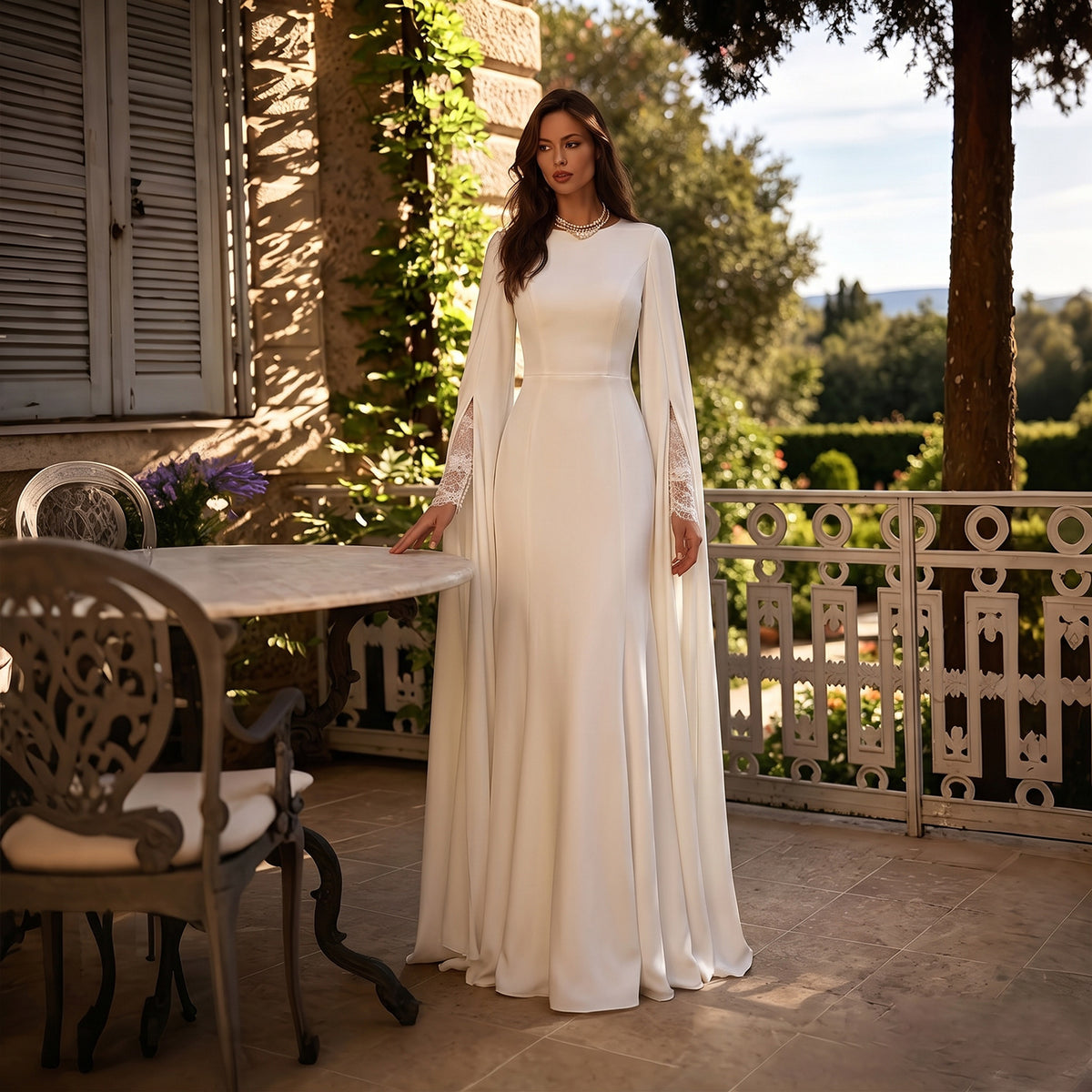 Ivory Minimalist Modest Beaded Satin Mermaid Wedding Dress with Sweep Train SW513