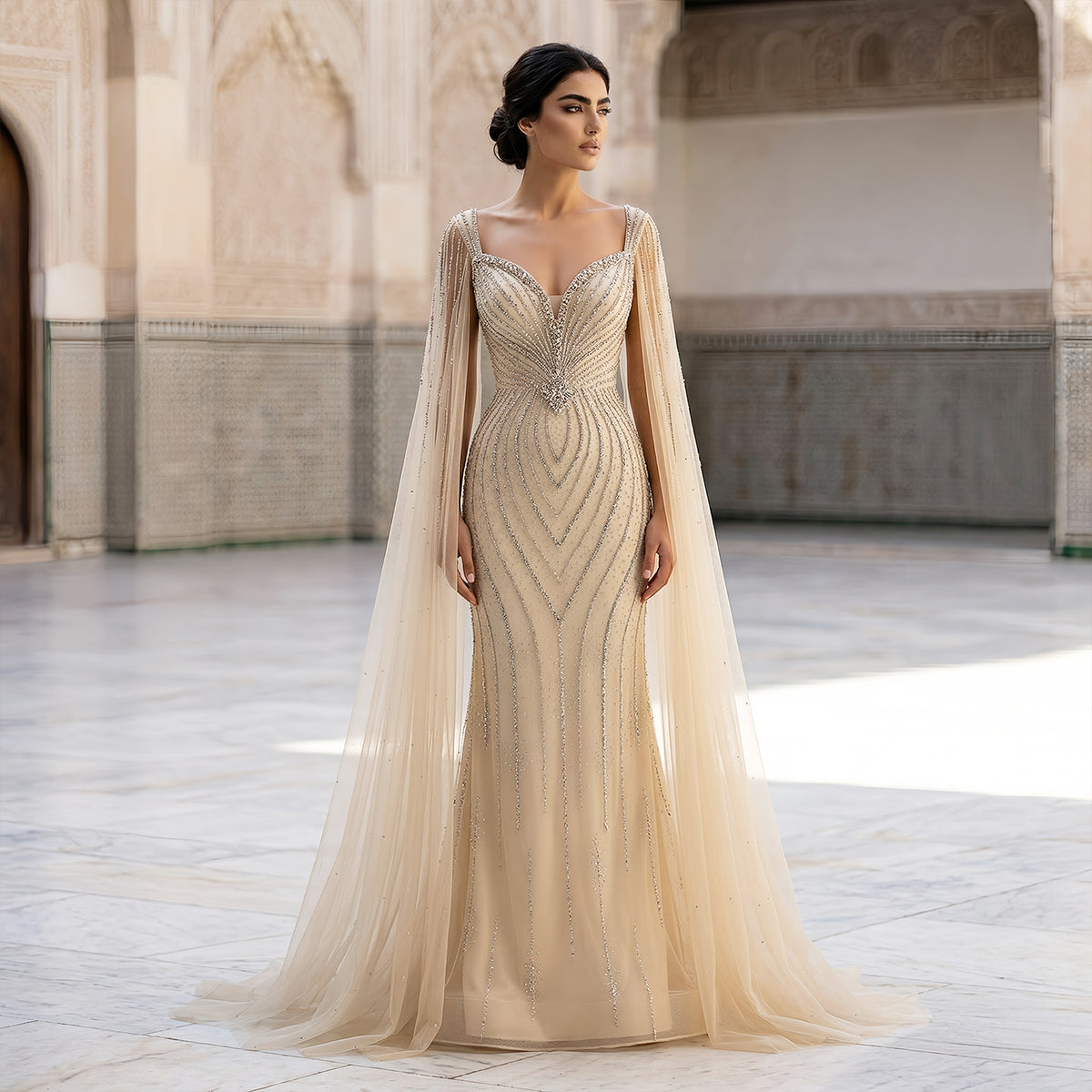 Elegant Pink Sweetheart Beaded Evening Dress with Cape Sleeve SS130