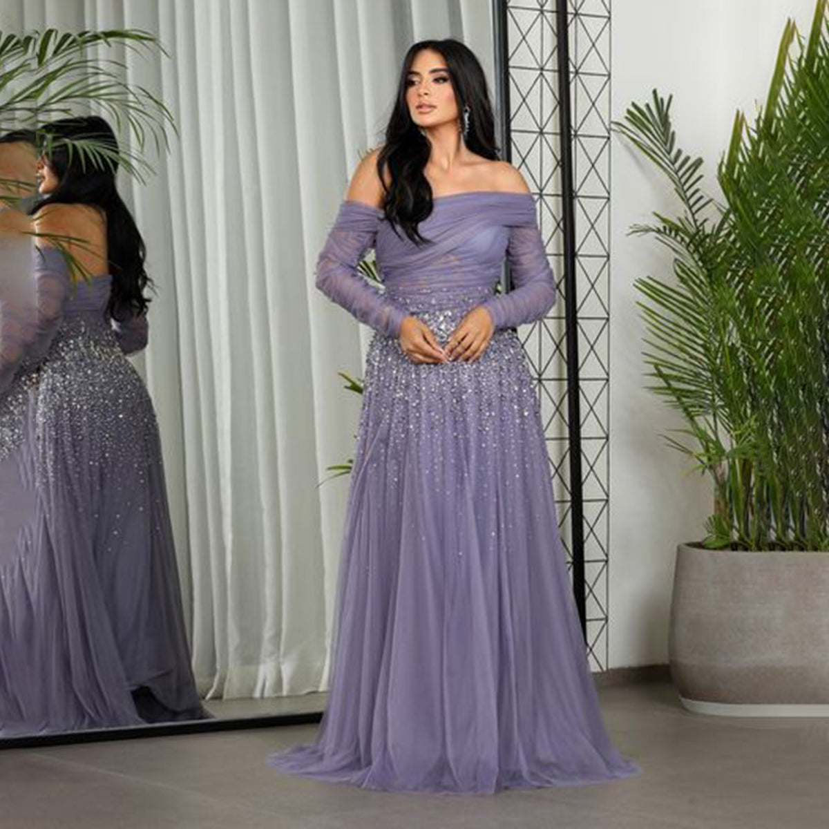 Luxury Crystal Royal Blue Long Sleeves Evening Dress SF333