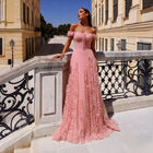 Luxury Pink Allover Frill Mesh Off Shoulder Train Evening Dress SF277