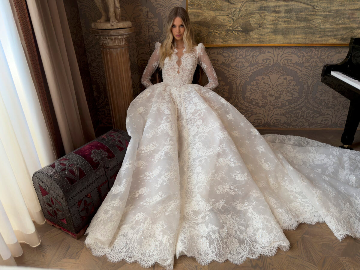 White High Neck Sequin Lace Long Sleeve A-Line Wedding Dress SW211