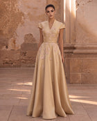 Gold Floral Appliqué A-Line Evening Dress