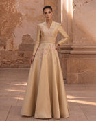 Gold Floral Appliqué A-Line Evening Dress