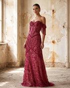 Elegant Fuchsia Beaded Tassel Off Shoulder Evening Dress SS516