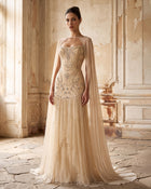 Luxury Yellow Long Sleeve Beaded Sequined Chiffon Evening Dress SS526