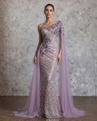 Purple One-Shoulder Beaded Evening Dress with Cape Sleeve SS537