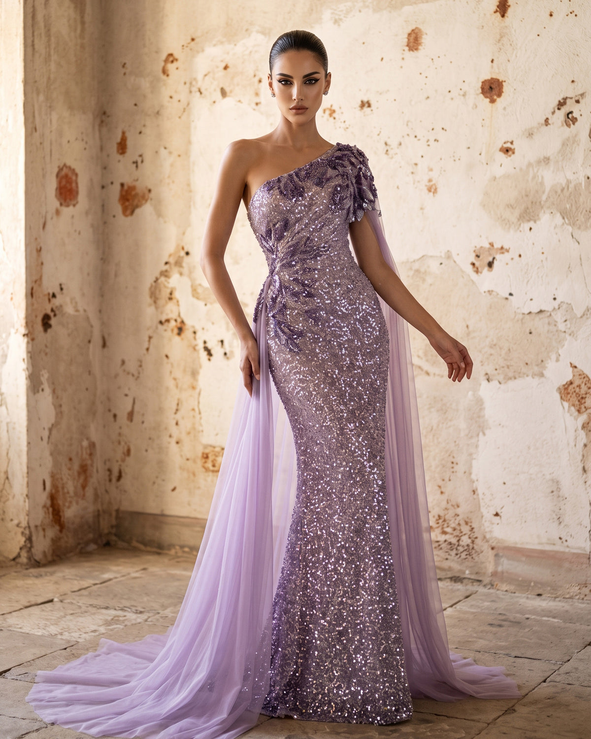 Purple one-shoulder beaded evening dress with cape sleeve and draped side skirt