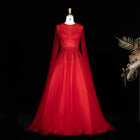 Regal Caramel Brown Beaded Jewel Neck Evening Gown with Sheer Cape Sleeves SS059