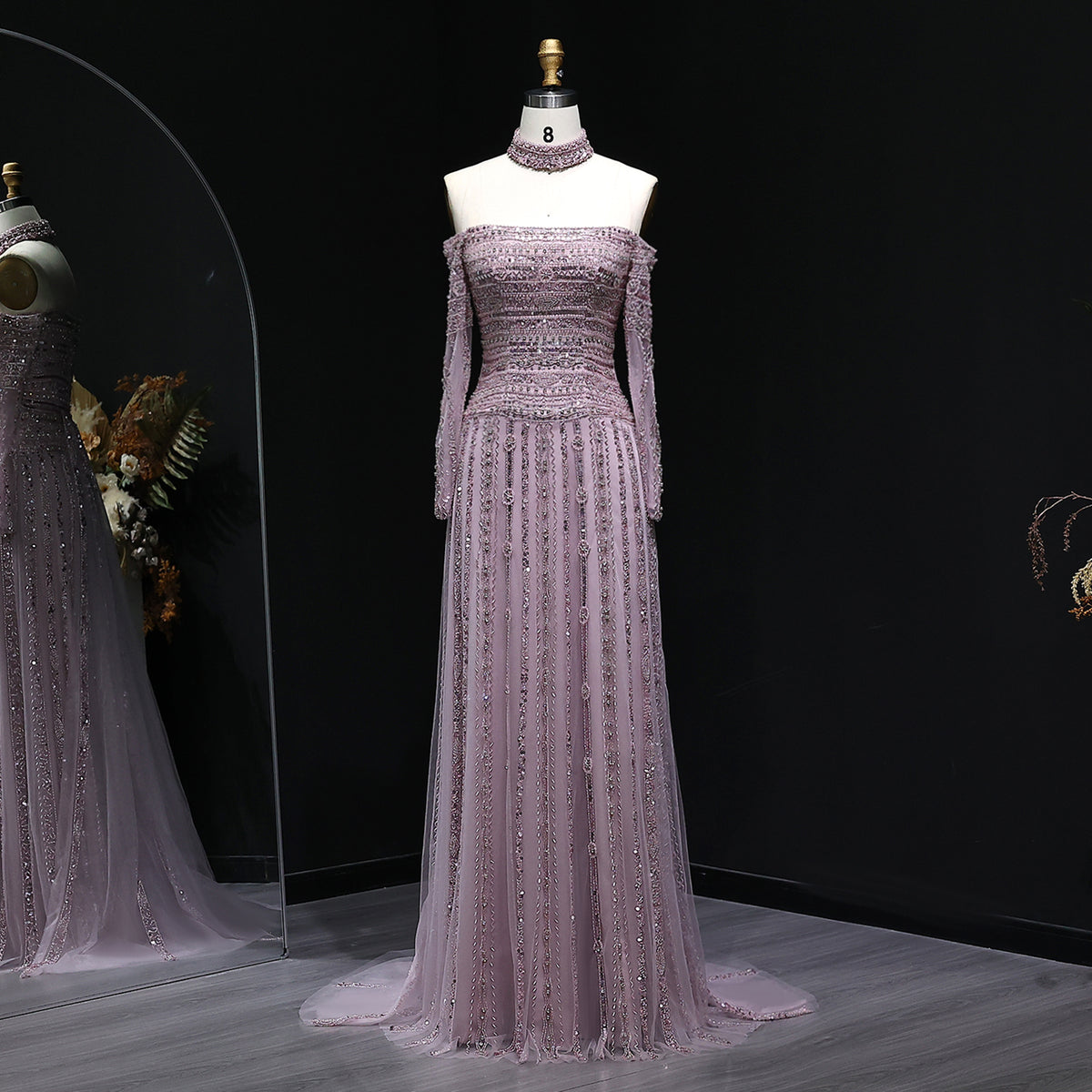 Glamorous Pink Off-the-Shoulder Beaded Evening Dress with Choker SS178