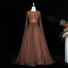 Regal Caramel Brown Beaded Jewel Neck Evening Gown with Sheer Cape Sleeves SS059