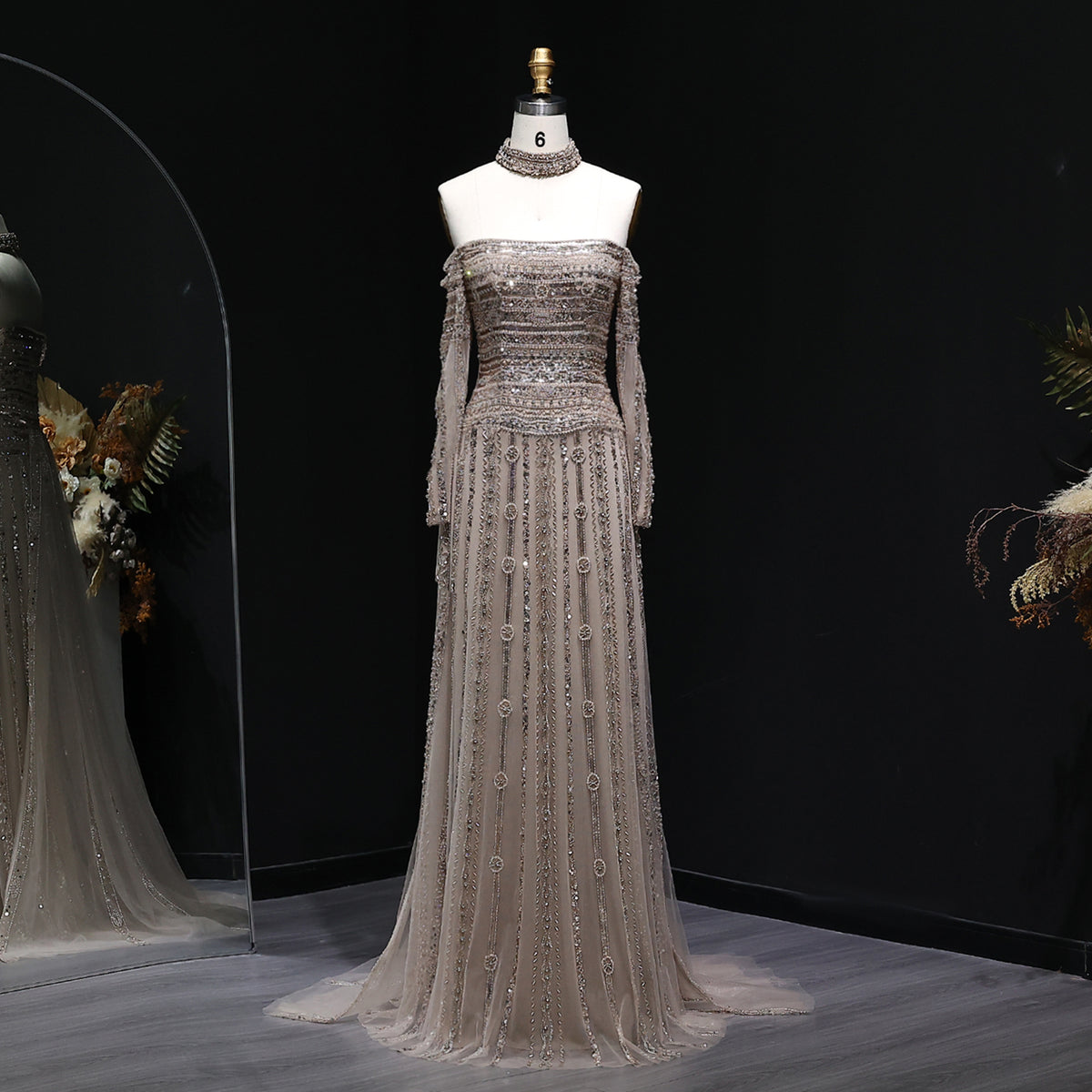 Glamorous Pink Off-the-Shoulder Beaded Evening Dress with Choker SS178