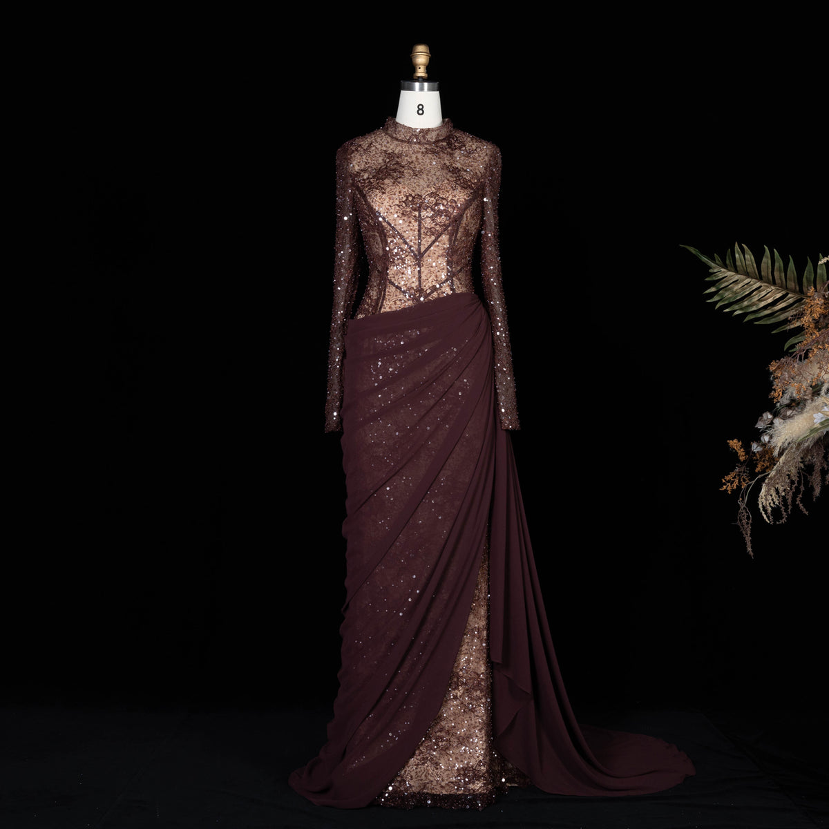 Luxury Long Sleeve Train Evening Dress with Overskirt SF429