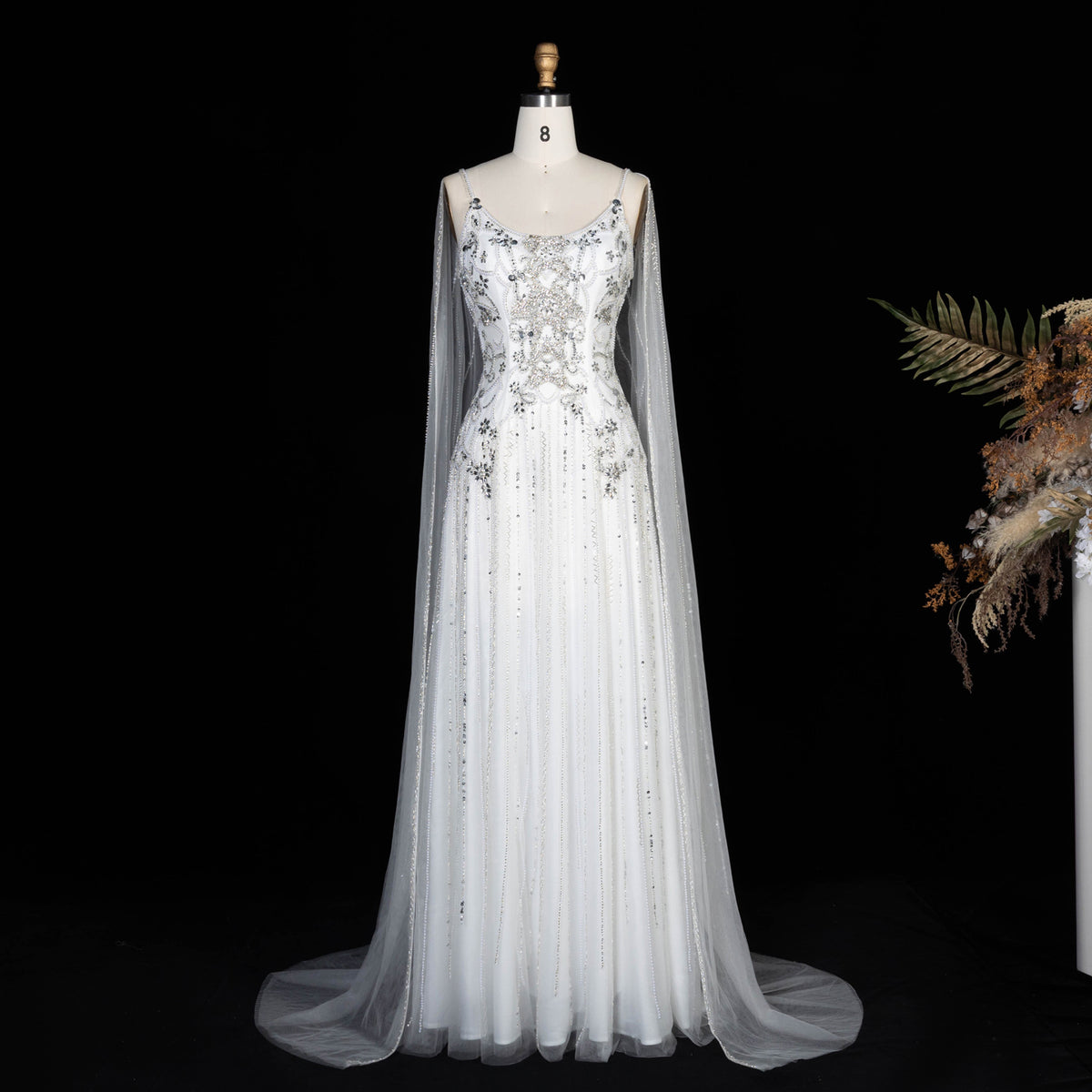 Luxury Champagne Crystal Beaded Sheer Cape Sleeve Evening Dress SS538