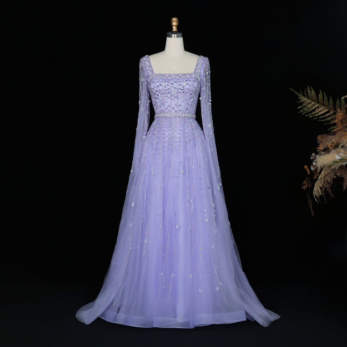Luxury Beaded Pink Square Neck Cape Sleeves Evening Dress SS494