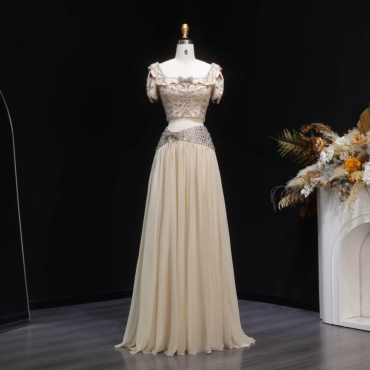 Luxury Champagne Crystal Two-Piece Evening Dress with Puff Sleeves SS544