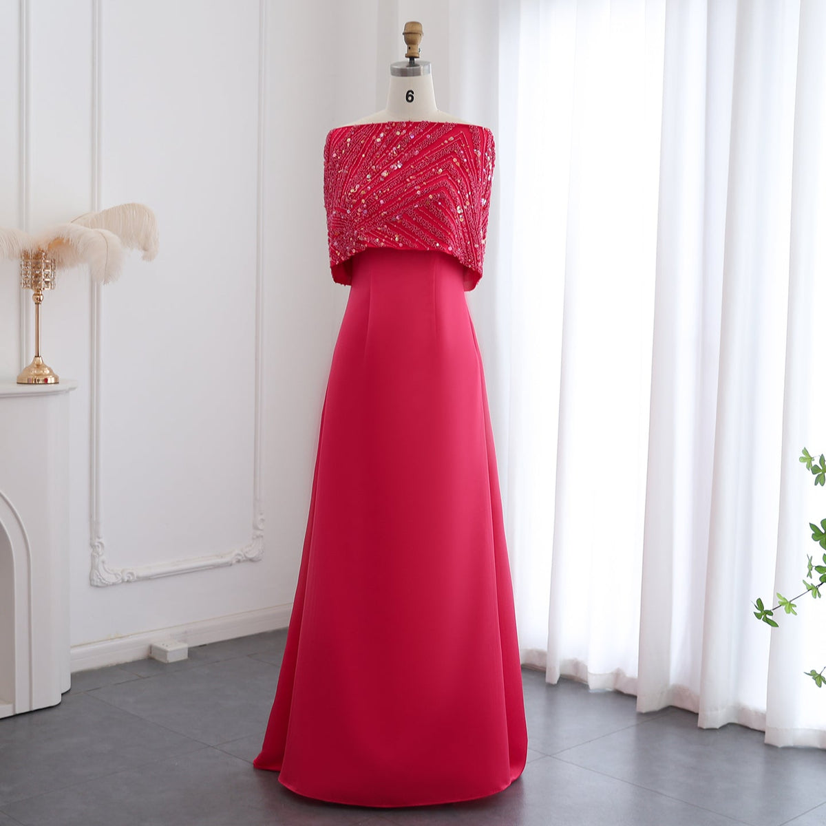 Elegant Off Shoulder Fuchsia Evening Dress with Cape SS482