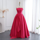 Luxury Fuchsia A-Line Strapless Pleats Satin Long Evening Dress SF011