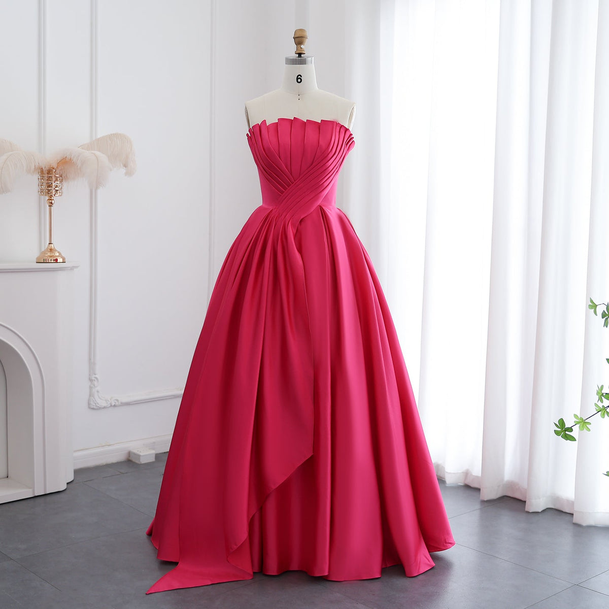 Luxury Fuchsia A-Line Strapless Pleats Satin Long Evening Dress SF011