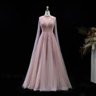 Luxury Pink High Neck Beaded Sequined Tulle Evening Dress with Cape Sleeves SS060