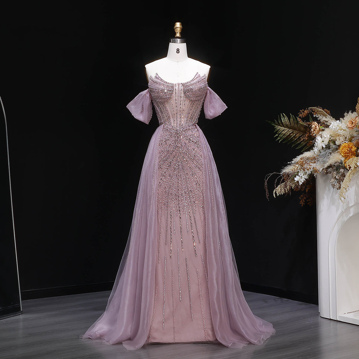 Luxury Pink Off-the-Shoulder Beaded Crystal Corset Evening Dress SS120