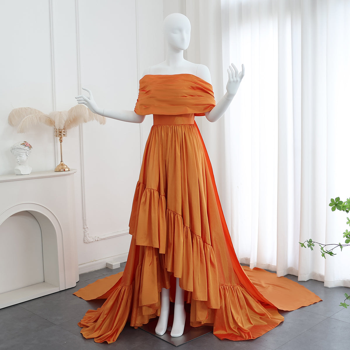 Elegant Orange A-Line Strapless Pleats Satin Evening Dress SF020