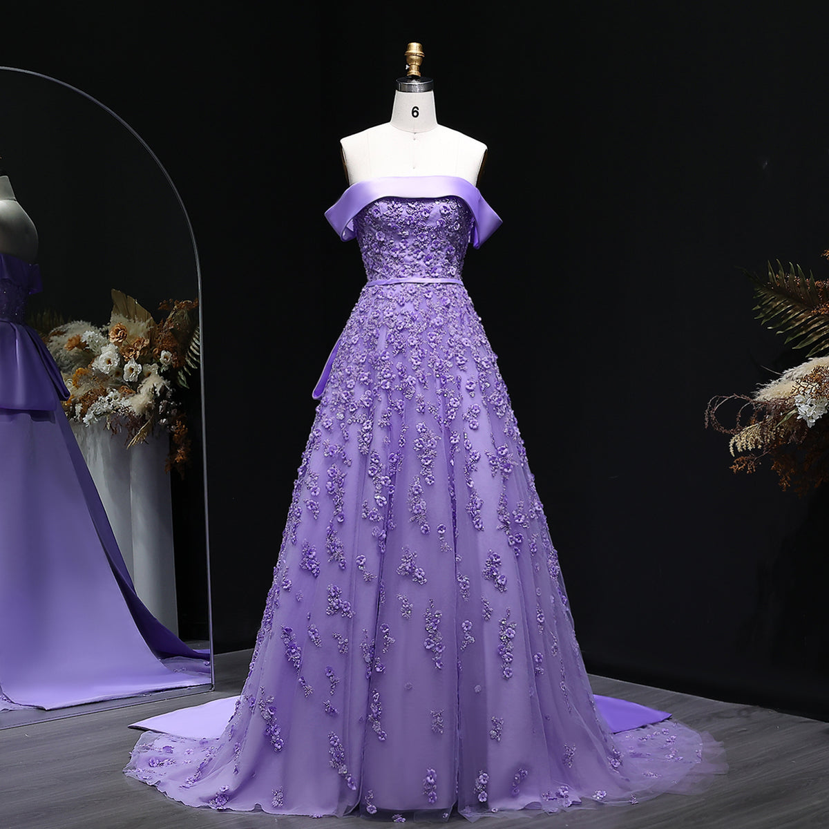 Luxury Lilac Off Shoulder 3D Floral Evening Dress