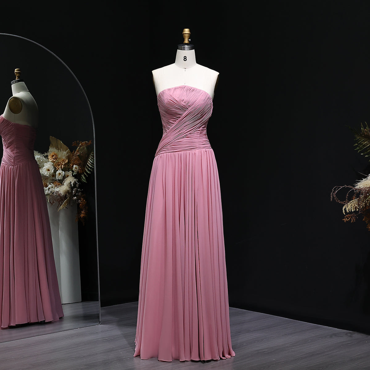 Elegant Red Chiffon A-Line Strapless Long Evening Dress with Slit SF141
