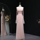 Elegant Crystal Pink Lace Long Sleeve Evening Dress with ruffles SF397