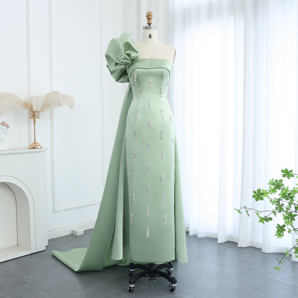 Elegant Crystal Sage Green One Shoulder Evening Dress with Cape SS368