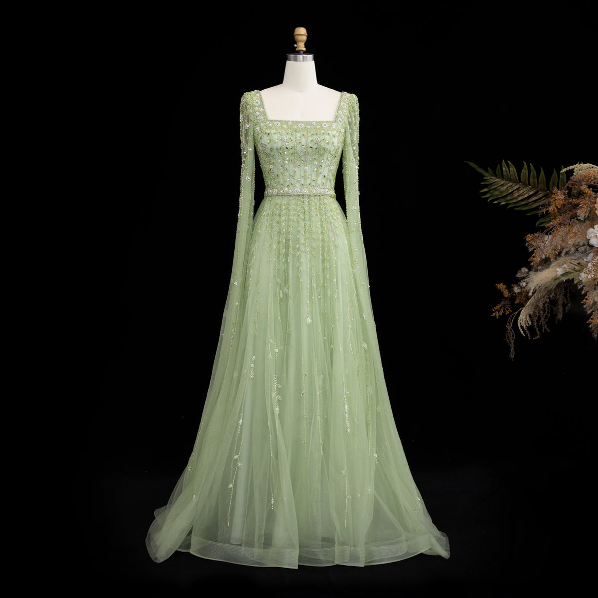 Luxury Beaded Pink Square Neck Cape Sleeves Evening Dress SS494