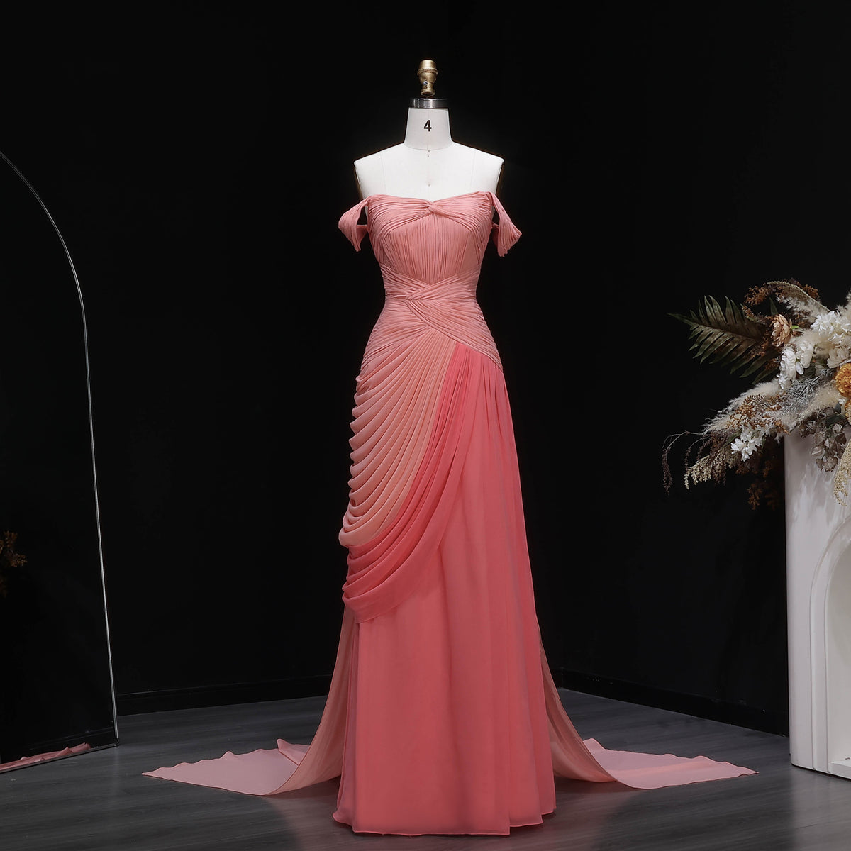 Luxury Pink Ruched Fitted Evening Dress with Overskirt SF424