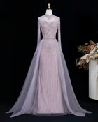 Pink Beaded High Neck Mermaid Evening Dress with Tulle Train SS171