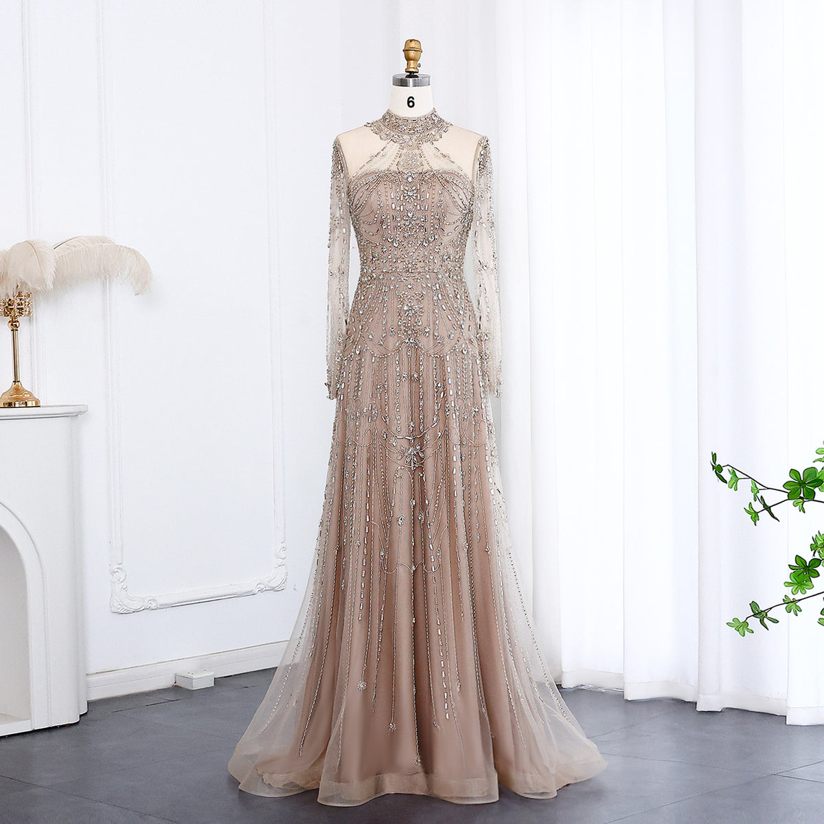 Luxury Blue Long Sleeves High Neck Evening Dress SS587