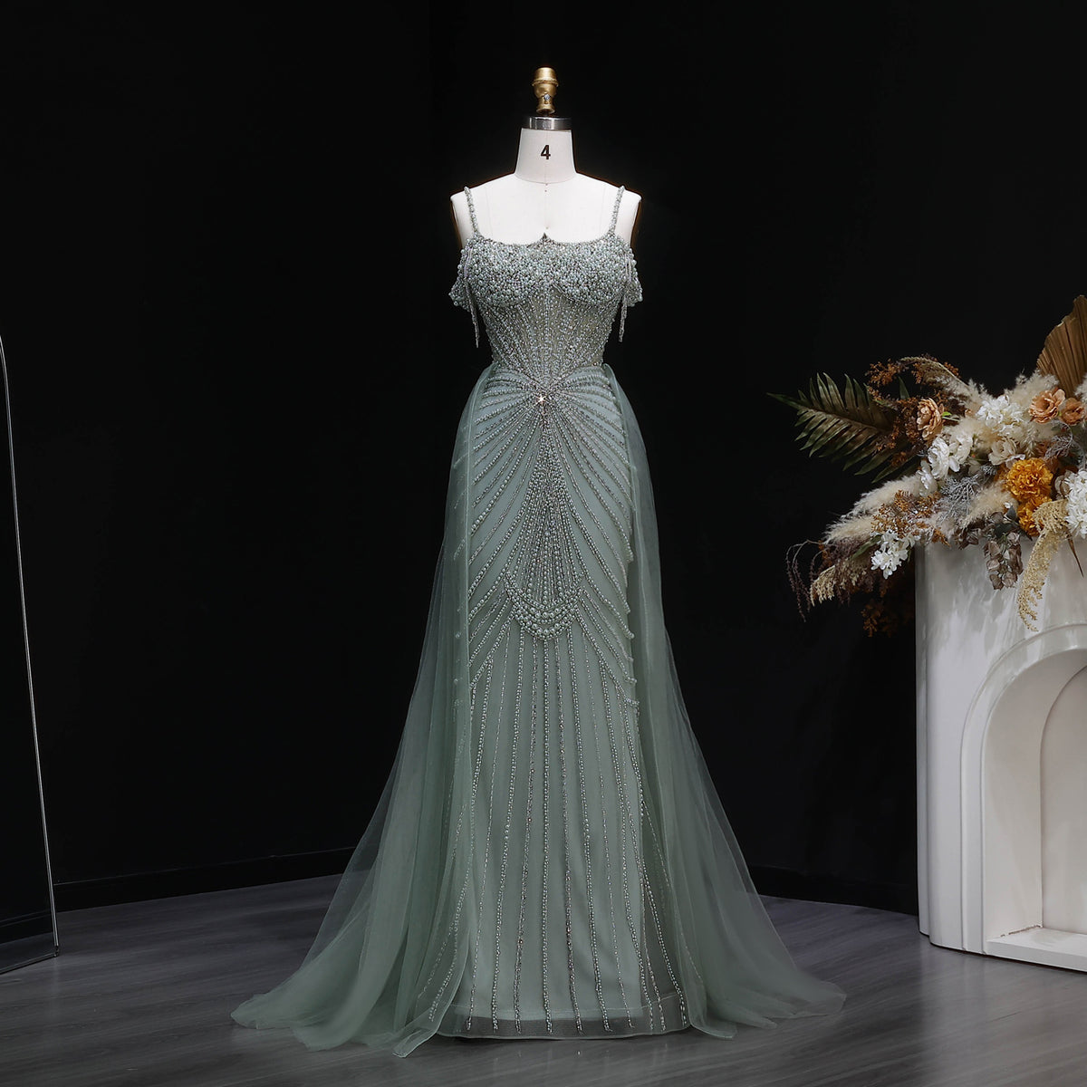 Elegant Green Spaghetti Strap Beaded Evening Dress with Overskirt SS121