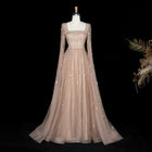 Luxury Beaded Pink Square Neck Cape Sleeves Evening Dress SS494