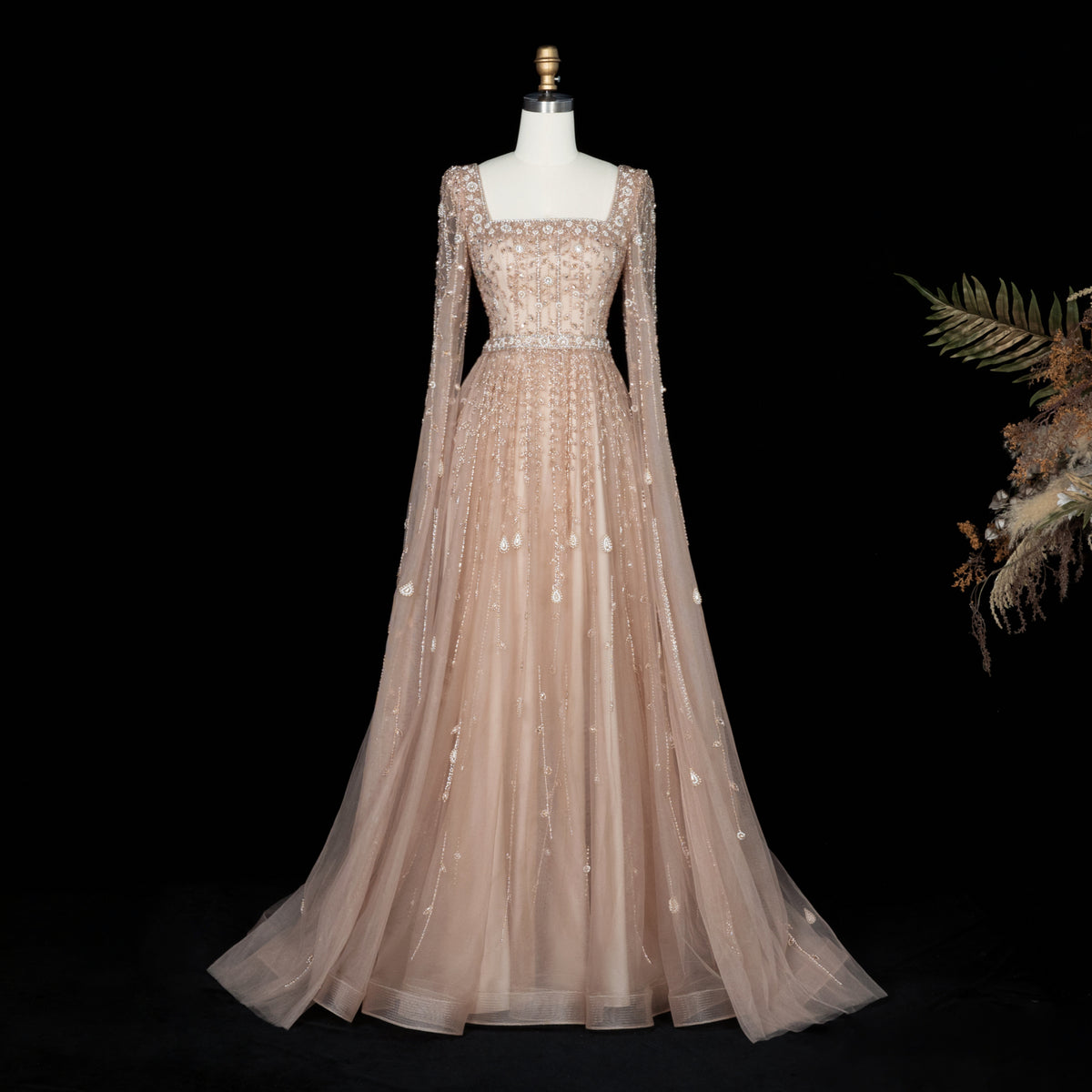 Luxury Beaded Pink Square Neck Cape Sleeves Evening Dress SS494