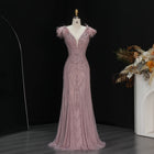 Luxury Pink V-Neck Feather Trim Beaded Mermaid Evening Dress SS122