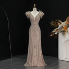 Luxury Pink V-Neck Feather Trim Beaded Mermaid Evening Dress SS122